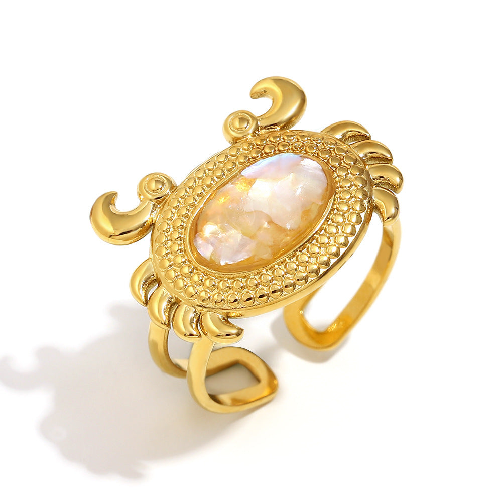 Niche Trend Stainless Steel 18K Gold Plated Cross Line Fishbone Flower Crab Turtle Open Ring