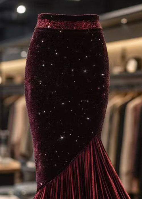 Slim Fit Red Wrinkled High Waist Velour Fishtail Skirts Spring