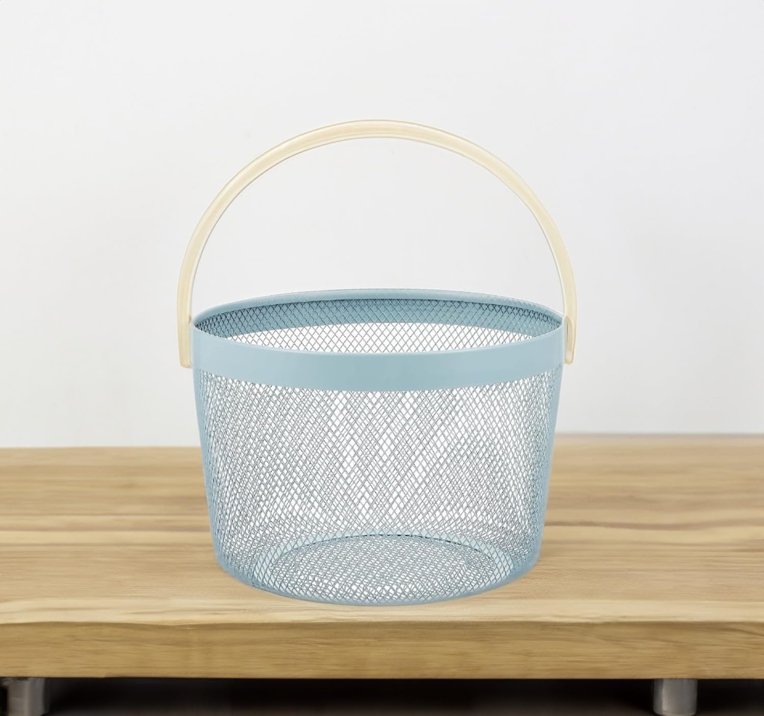 Mesh Steel Basket with Wooden Handle-Round Green