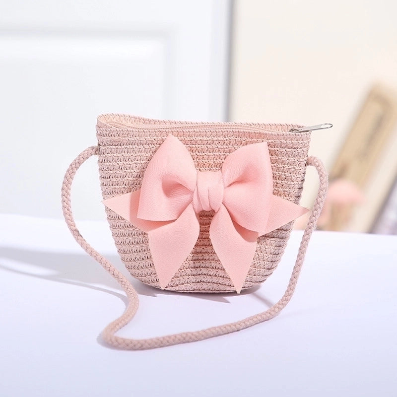 Women's Mini Straw Flower Bow Knot Fashion Bucket Zipper Shoulder Bag Handbag Crossbody Bag