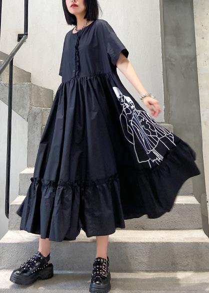 Classy black print cotton clothes o neck Cinched cotton robes summer Dresses