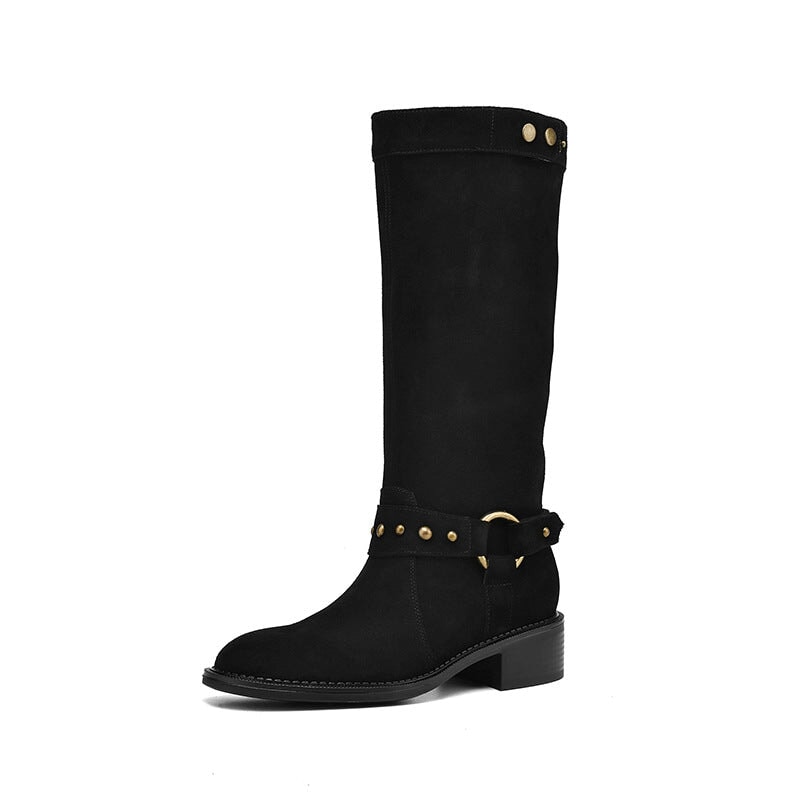 Belted Suede?Leather Riding Boots Low Block Heel Mid Calf Boots in Black/Brown/Green