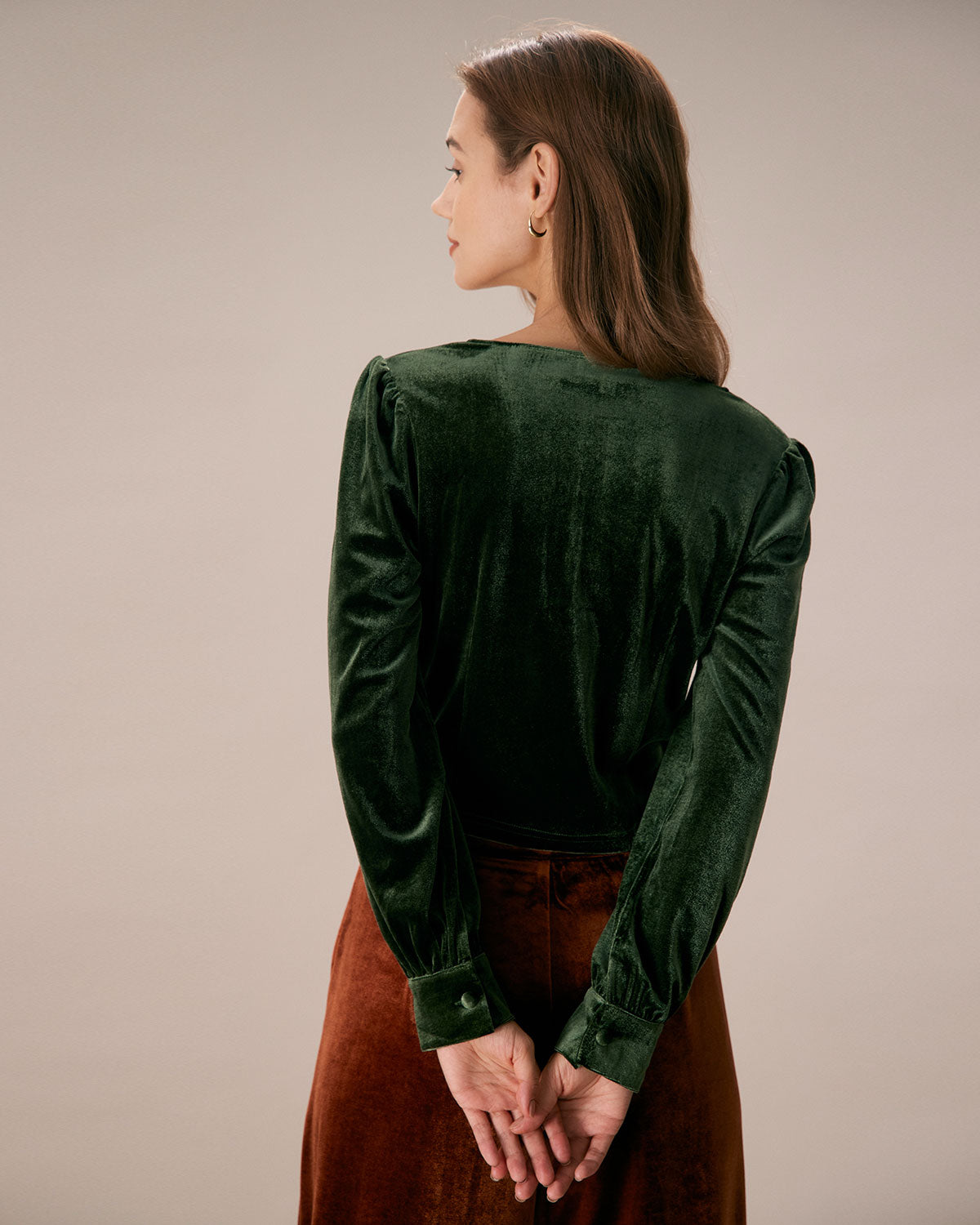 The Dark Green V Neck Button Velvet Blouse