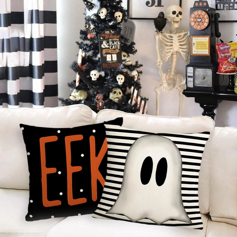 Halloween Funny IG Style Letter Stripe Ghost Linen Pillow Cases Couch & Sofa Decor