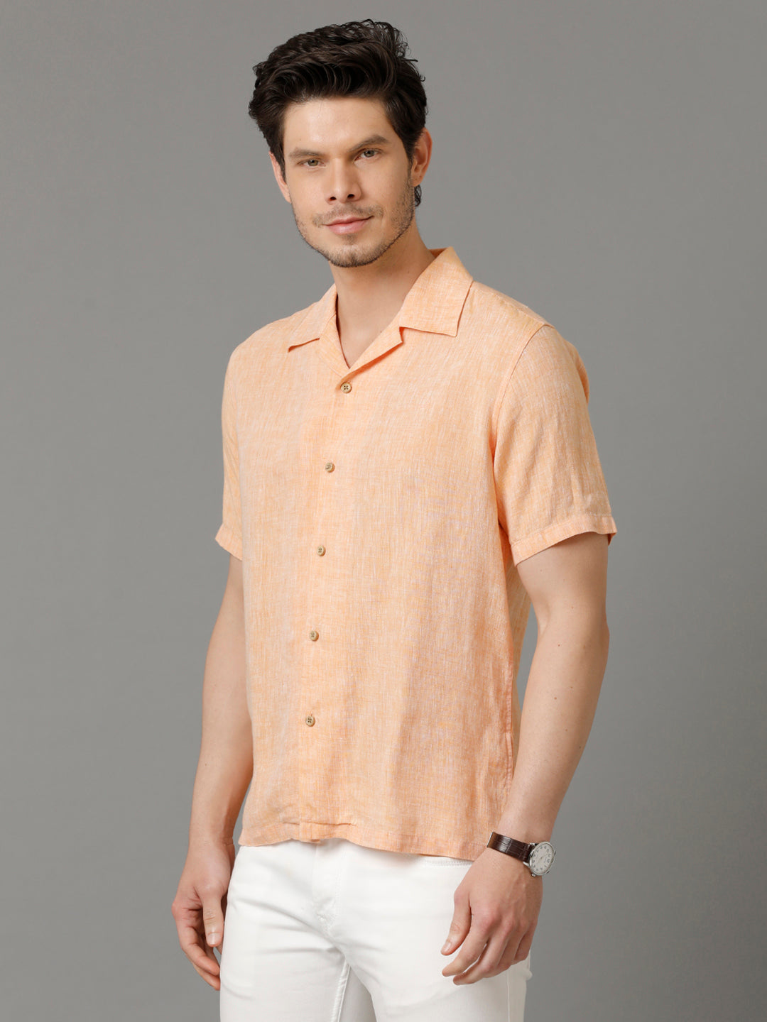 Mens Regular Fit Solid Orange Casual Linen Shirt (LACH)