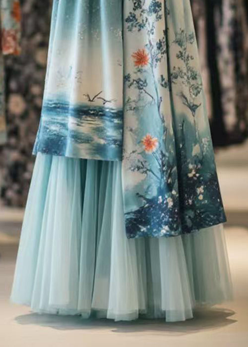 Chinese Style Blue Asymmetrical Print Tulle Patchwork Skirts Summer
