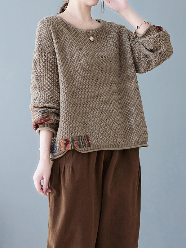 Long Sleeves Loose Printed Split-Joint Round-Neck Pullovers Sweater Tops