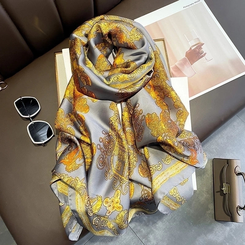 Retro Gilt Printing Classic Simulation Silk Brocade Large Long Scarf Shawl