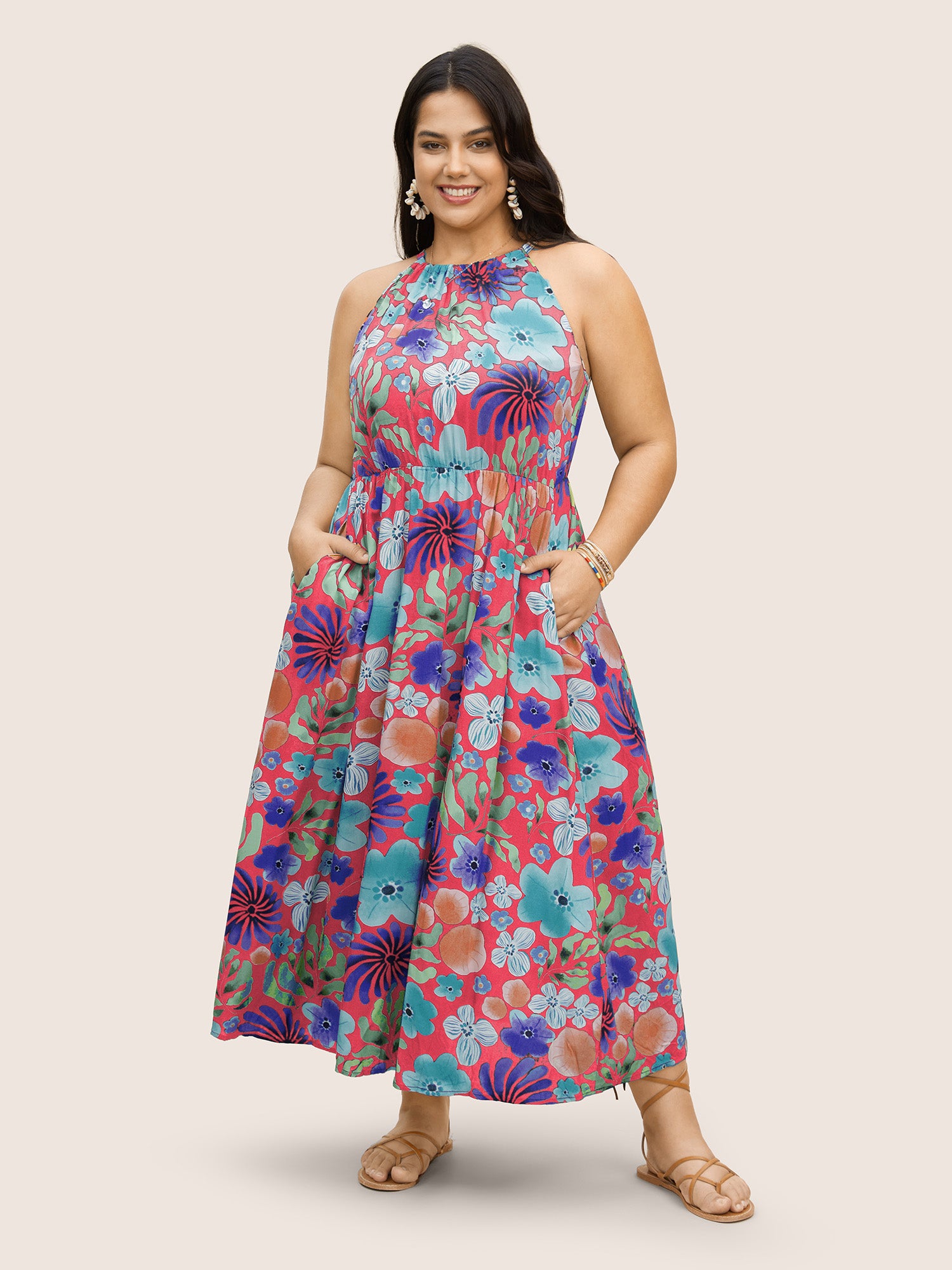 Floral Printed Patchwork Side Seam Pocket Dress