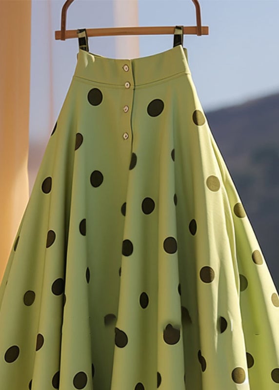 French Green Dot Print Chiffon A Line Skirt Summer