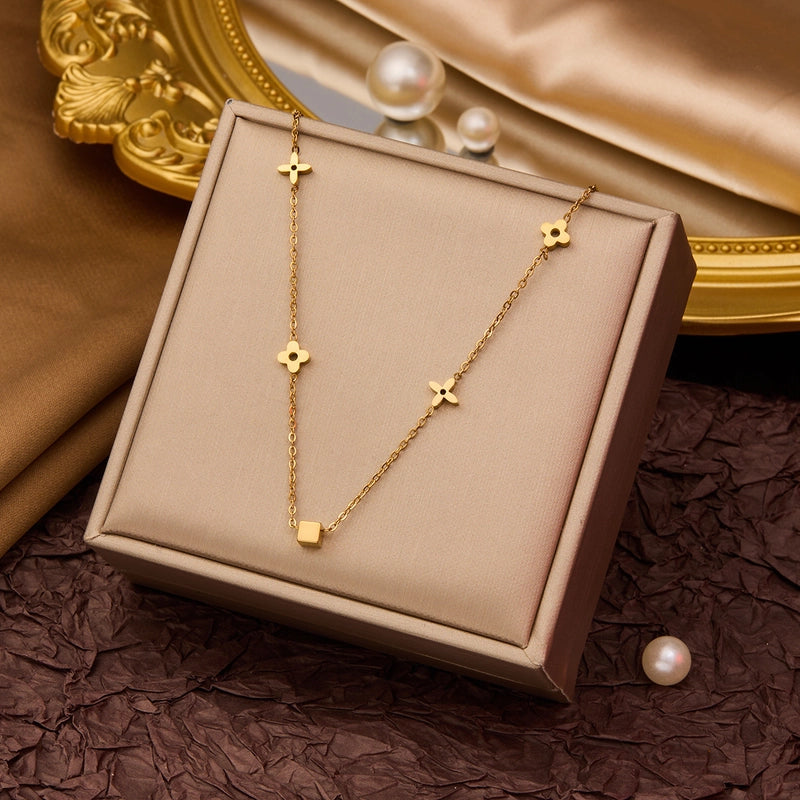Elegant Minimalist Geometric Flower Bow Knot Titanium Steel Plating Pendant Necklace