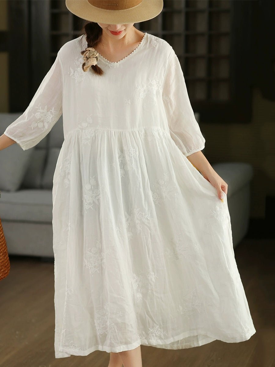 Women Summer Artsy Embroidery O-Neck 100%Ramie Dress