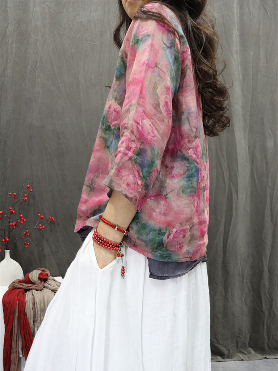 Women Summer Ethnic Stand Collar Flower 100%Ramie Shirt
