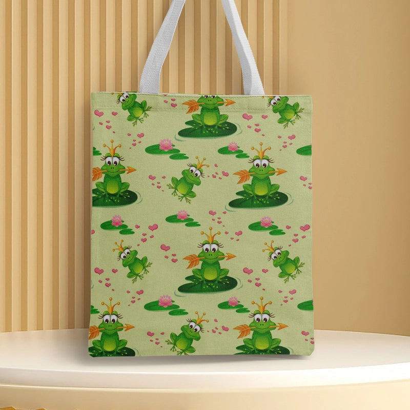 Women's Canvas Cartoon Frog Basic Classic Style Square Open Canvas Bag