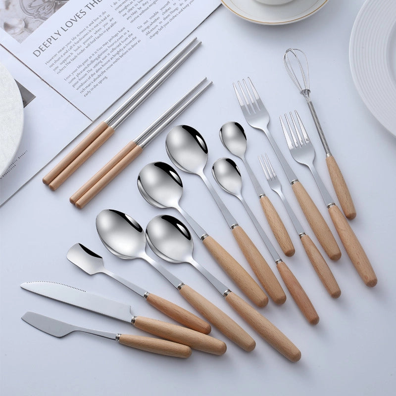 Stainless Steel Knife And Fork Spoon With Wooden Handle Western Steak Knife Solid Wood Stainless Steel Tableware Soup Spoon Fruit Dessert Fork