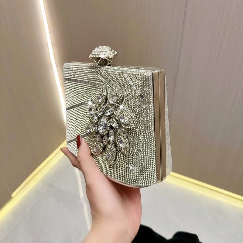 Silver Polyester Solid Color Square Evening Bags