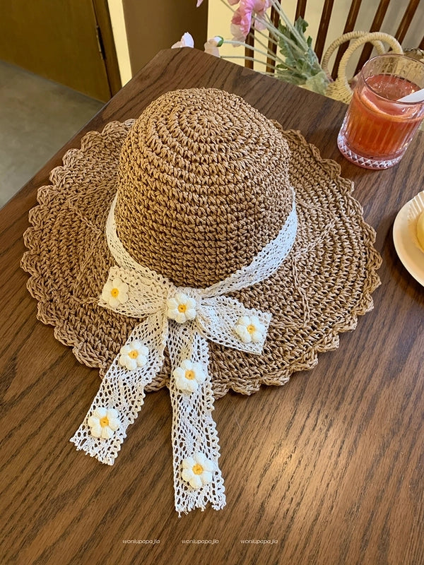 Women's Casual Elegant Flower Bow Knot Big Eaves Straw Hat