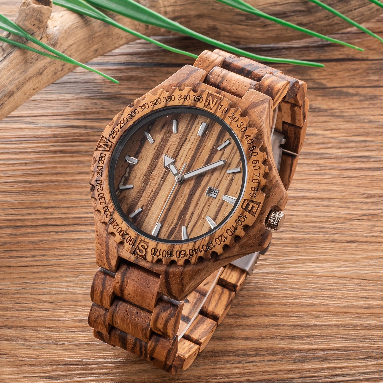 Natural Zebra Mens Quartz Calendar Wood Watch