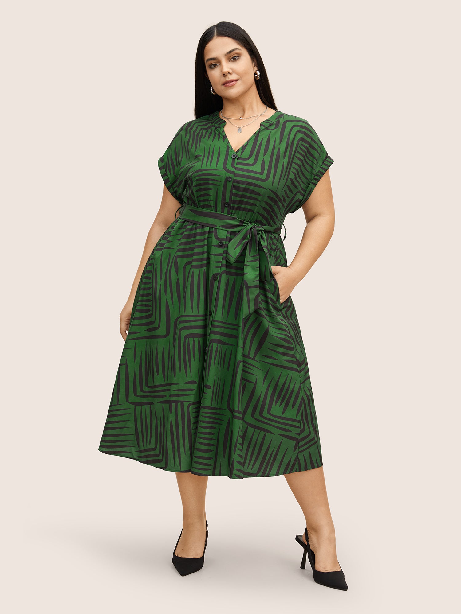 Geometric Button Detail Cuffed Sleeve Dress