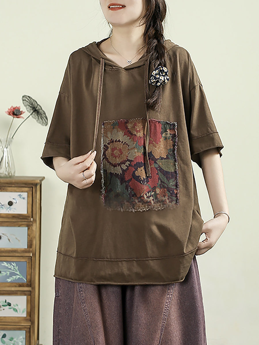Women Summer Retro Flower Patch 100%Cotton Hooded Shirt
