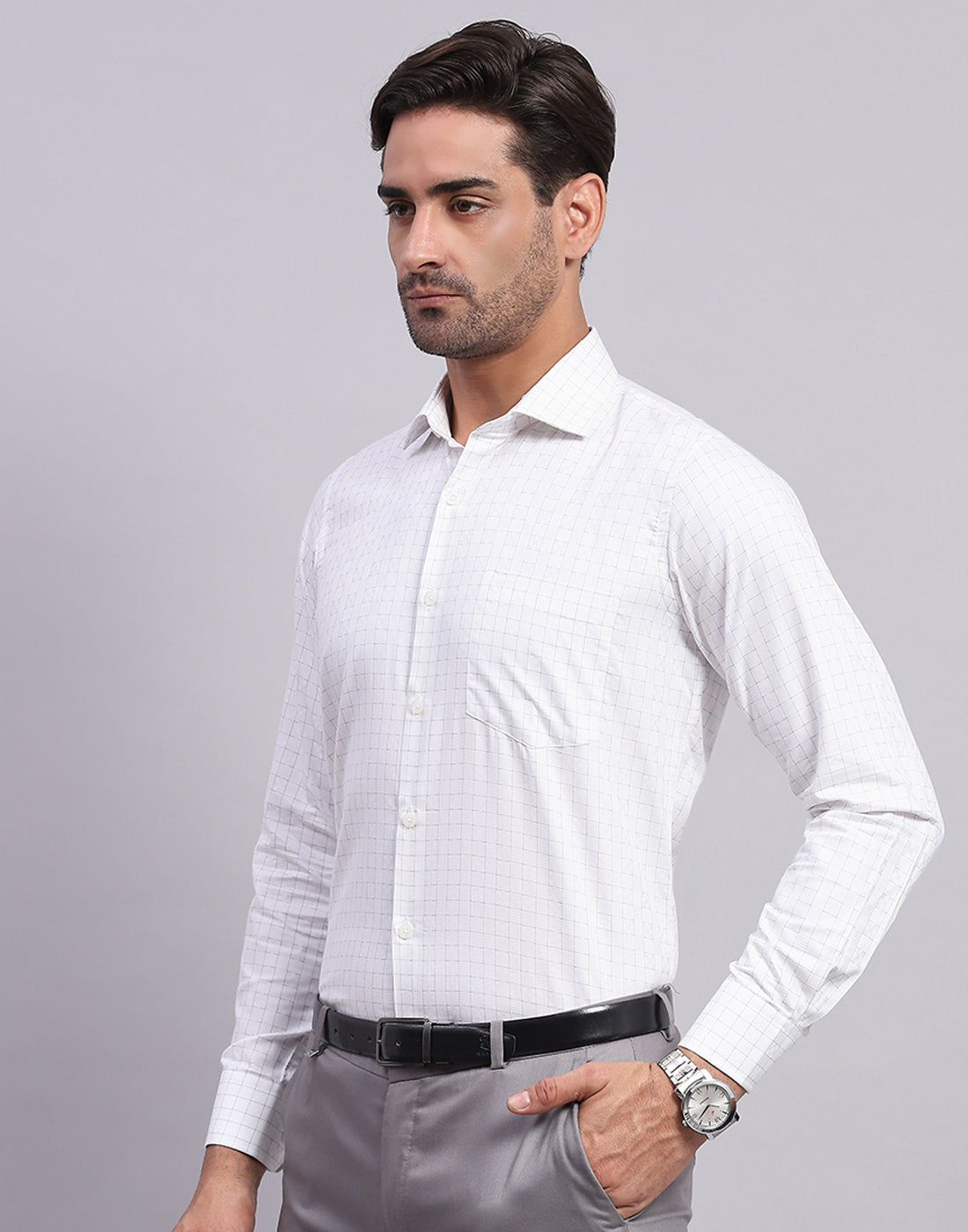 Men White Self Design Collar Full Sleeve Shirt