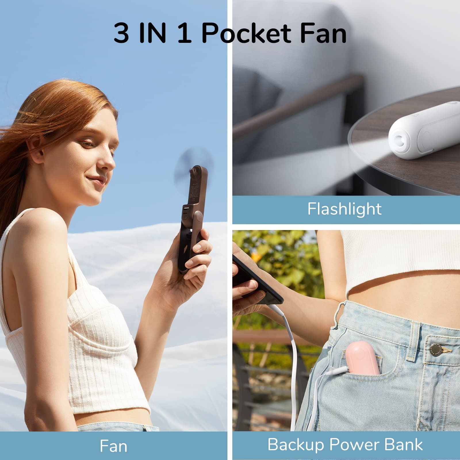 3 IN 1 USB Rechargeable Handheld Fan with Bank Power and Flashlight