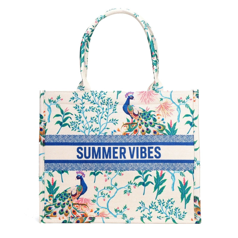 Women's Canvas Animal Letter Flower Elegant Embroidery Square Zipper Tote Bag