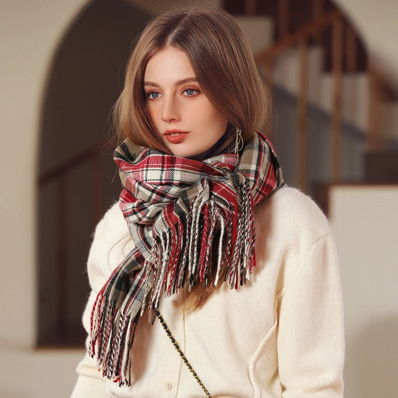 Women's Basic Minimalist Plaid Polyester Tassel Scarf