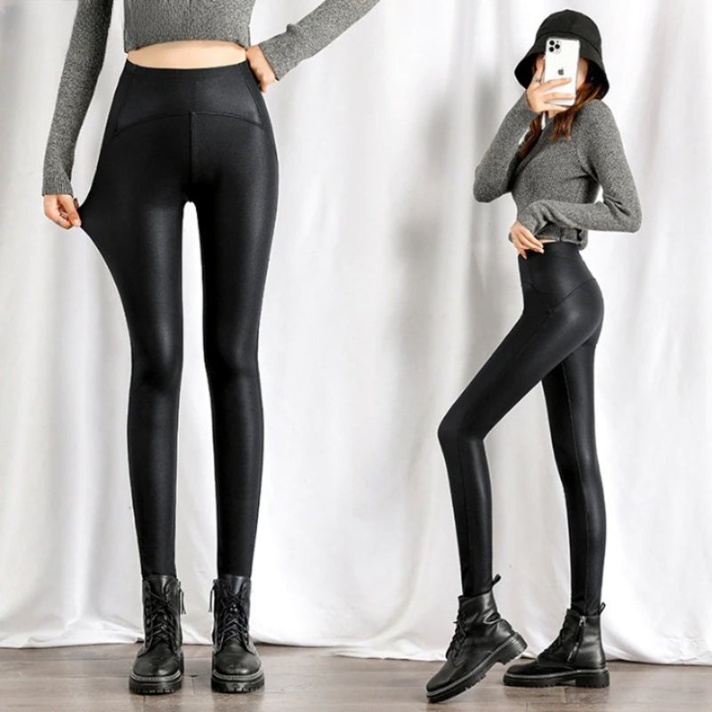 Black Fleece Matte Leather Leggings For Women
