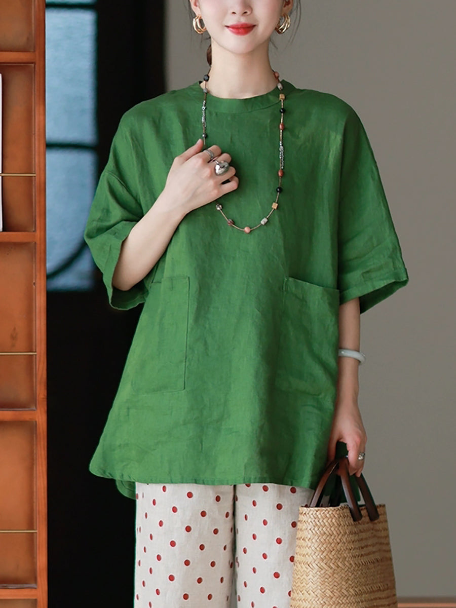 Women Summer Artsy Pure Color 100%Linen O-Neck Shirt