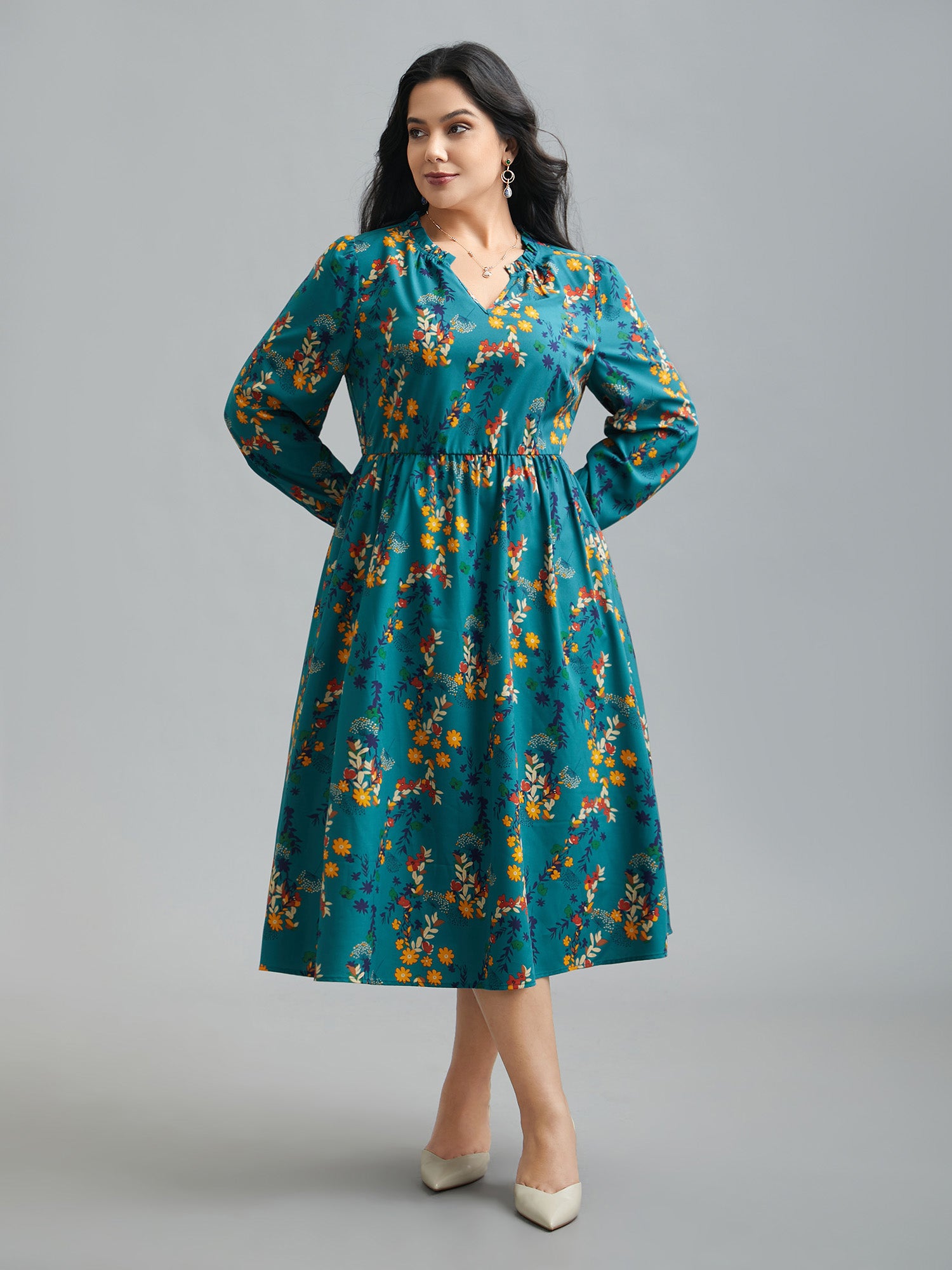 Floral Print Ruffled Notched Collar Midi Dress