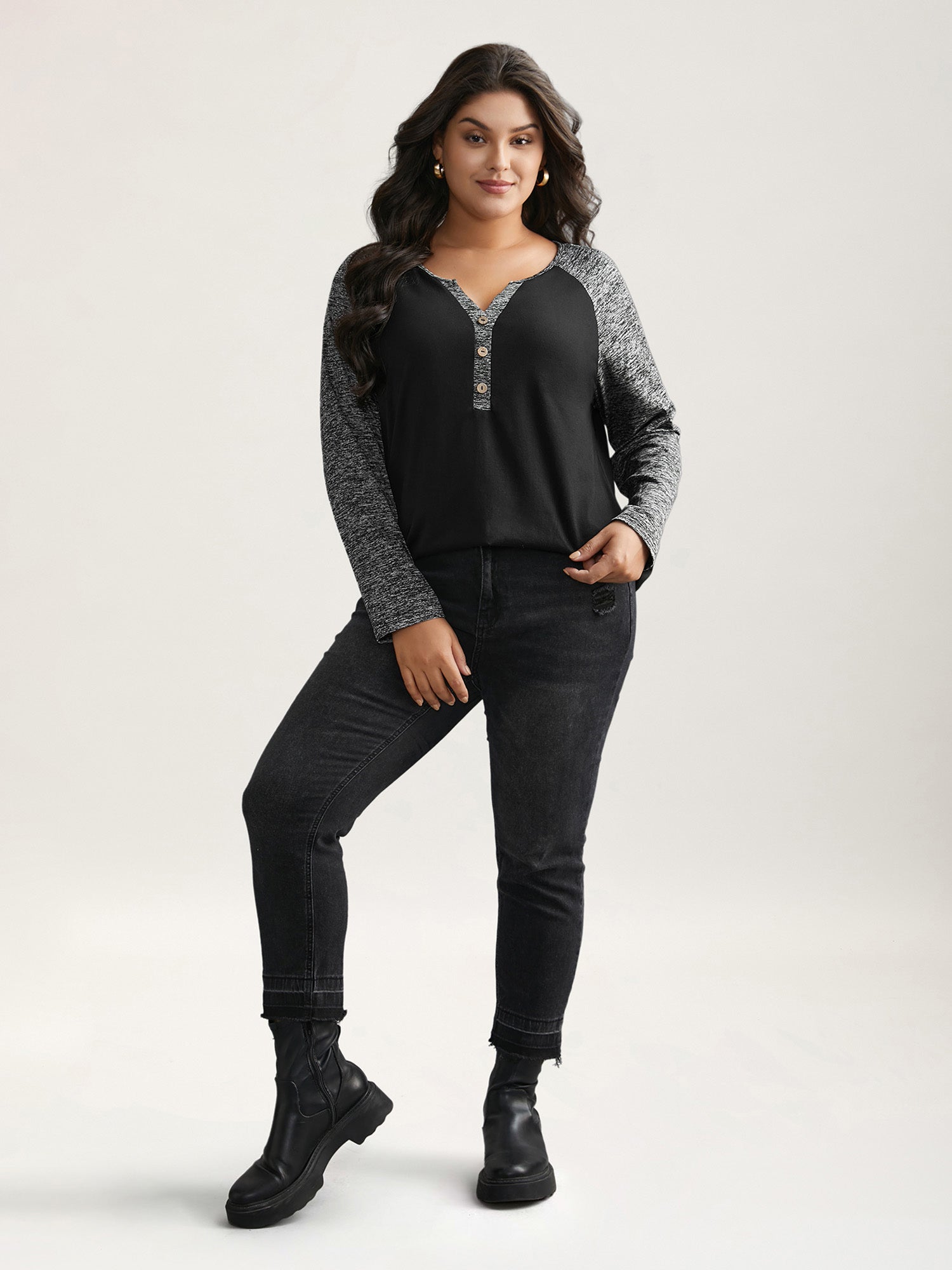Heather Patchwork Button Detail Stretchy T-Shirt