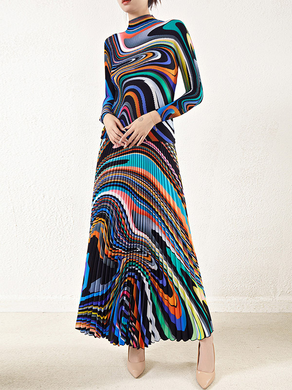 Long Sleeves Contrast Color Pleated Mock Neck T-Shirt Top + Printed A-Line Skirts Bottom Two Pieces Set