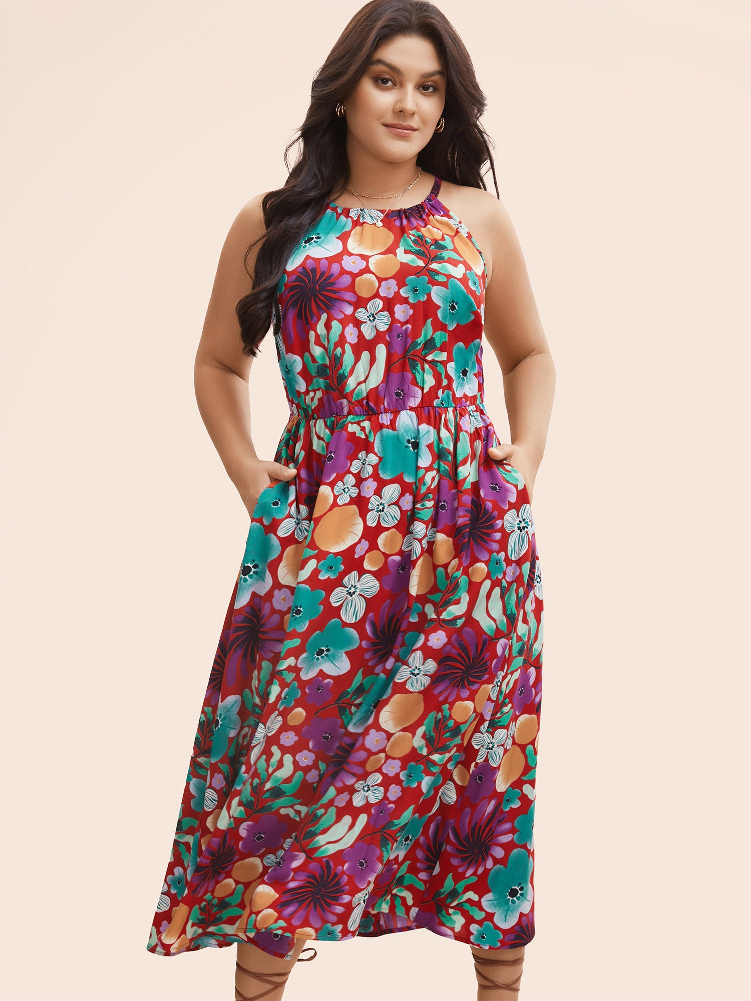 Floral Printed Patchwork Side Seam Pocket Dress