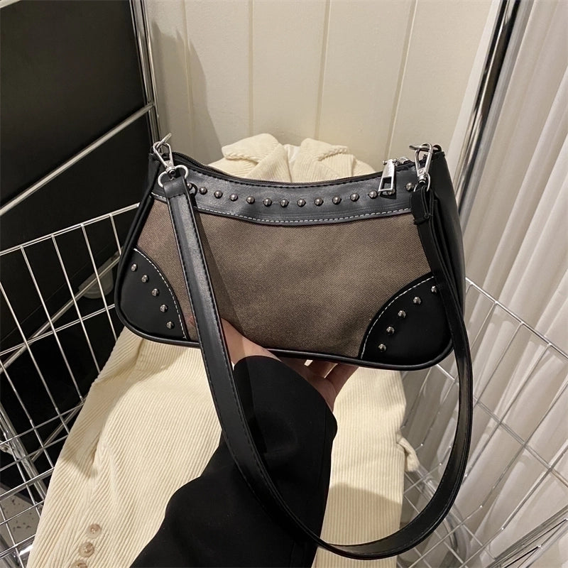 Women's Pu Leather Color Block Vintage Style Semicircle Zipper Shoulder Bag