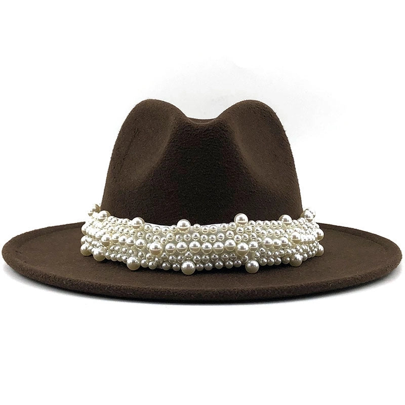 Fashion Elegant Pearl Big Brim Woolen Hat