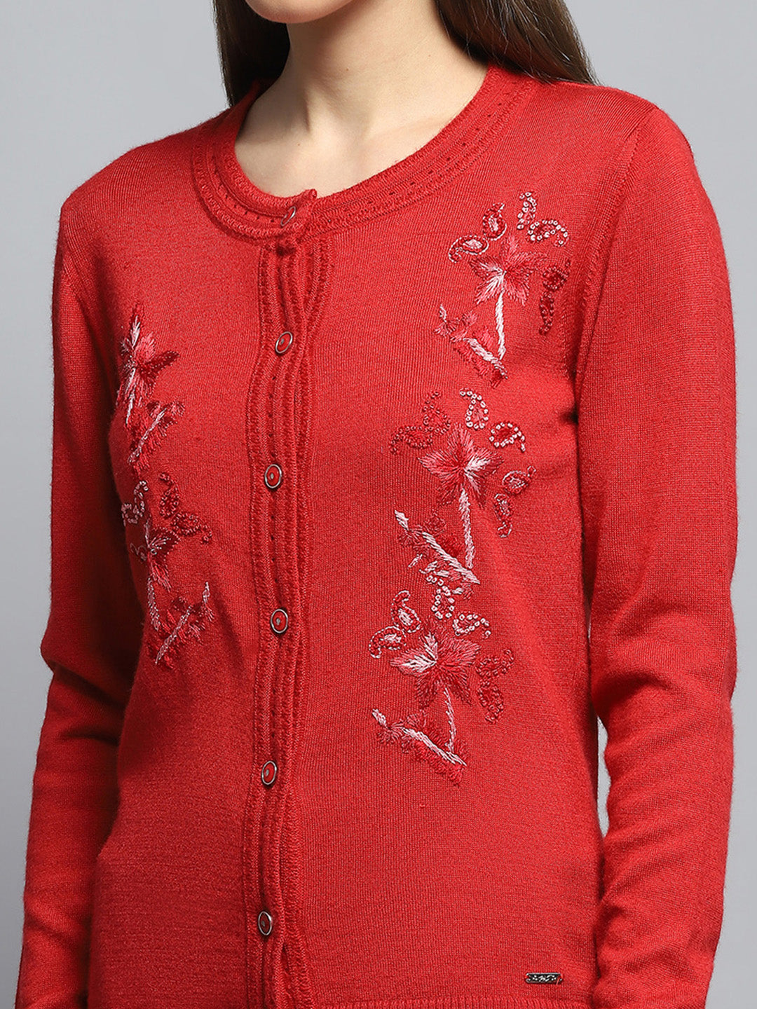 Women Red Self Design Round Neck Full Sleeve Cardigan