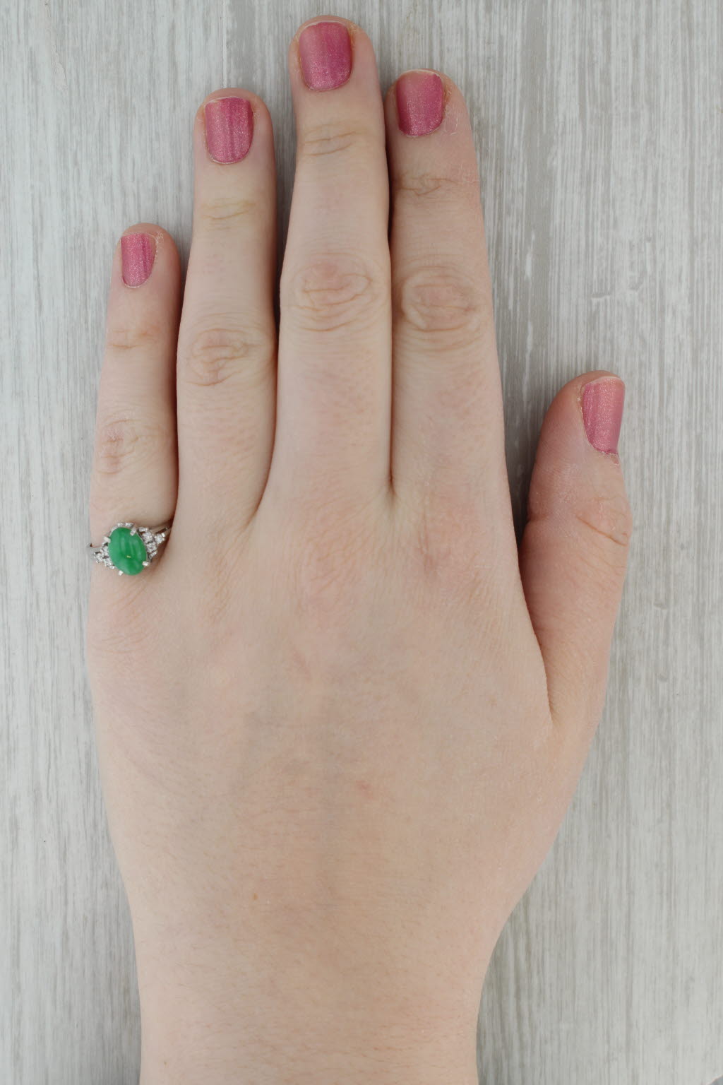 Green Oval Cabochon Jadeite Jade Diamond Ring 900 Platinum Size 7.5
