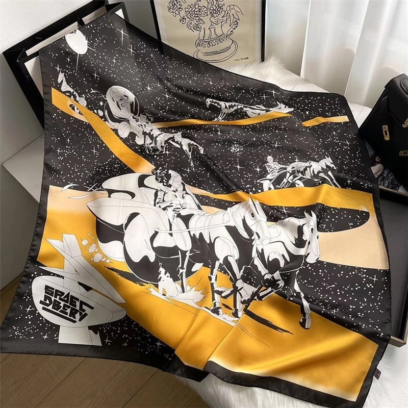 Women's Elegant Sweet Color Block Satin Printing Flowers Silk Scarf