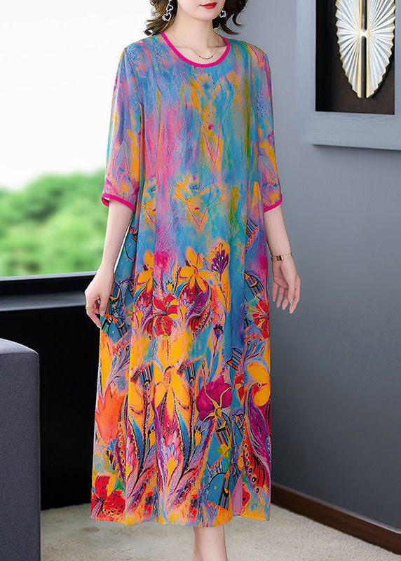 Elegant O-Neck Oversized Print Silk Long Dress Bracelet Sleeve