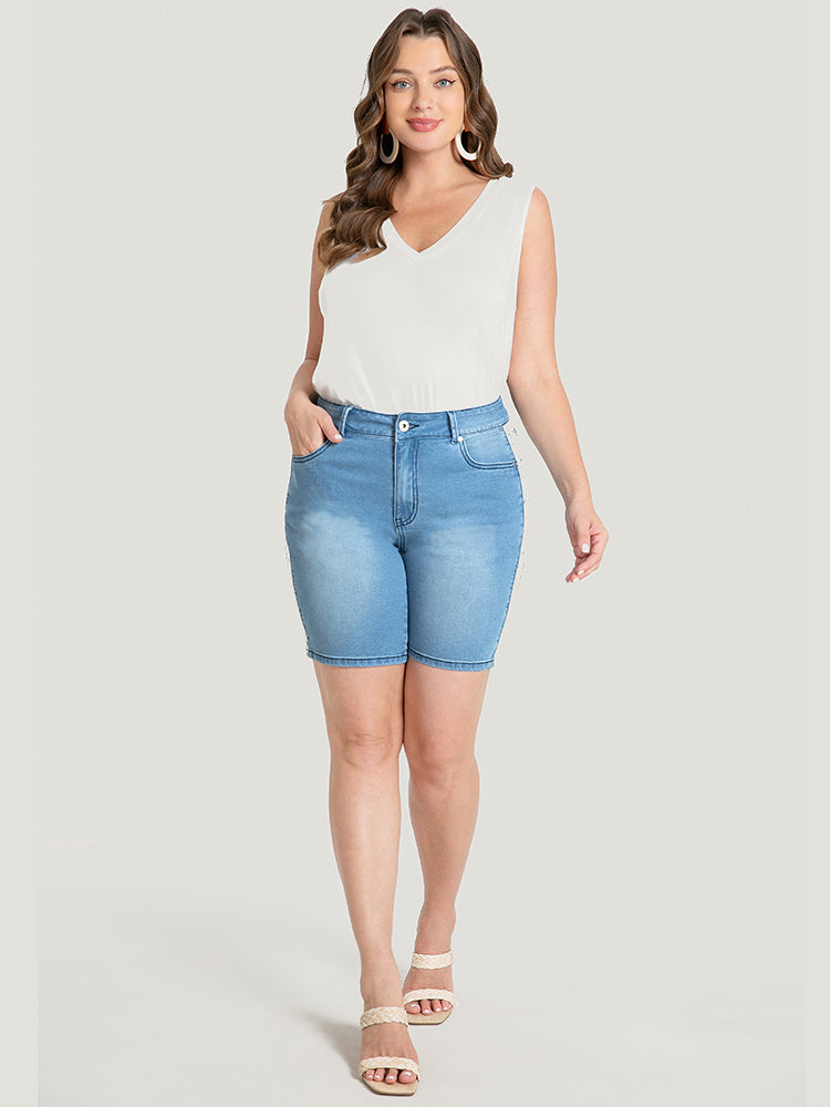 Very Stretchy High Rise Light Wash Contrast Lace Denim Shorts