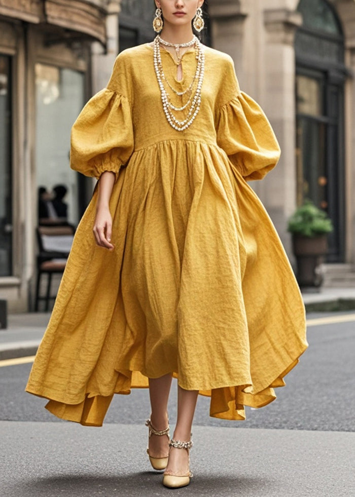 Boho Yellow Exra Large Hem Cotton Maxi Dresses Lantern Sleeve Summer