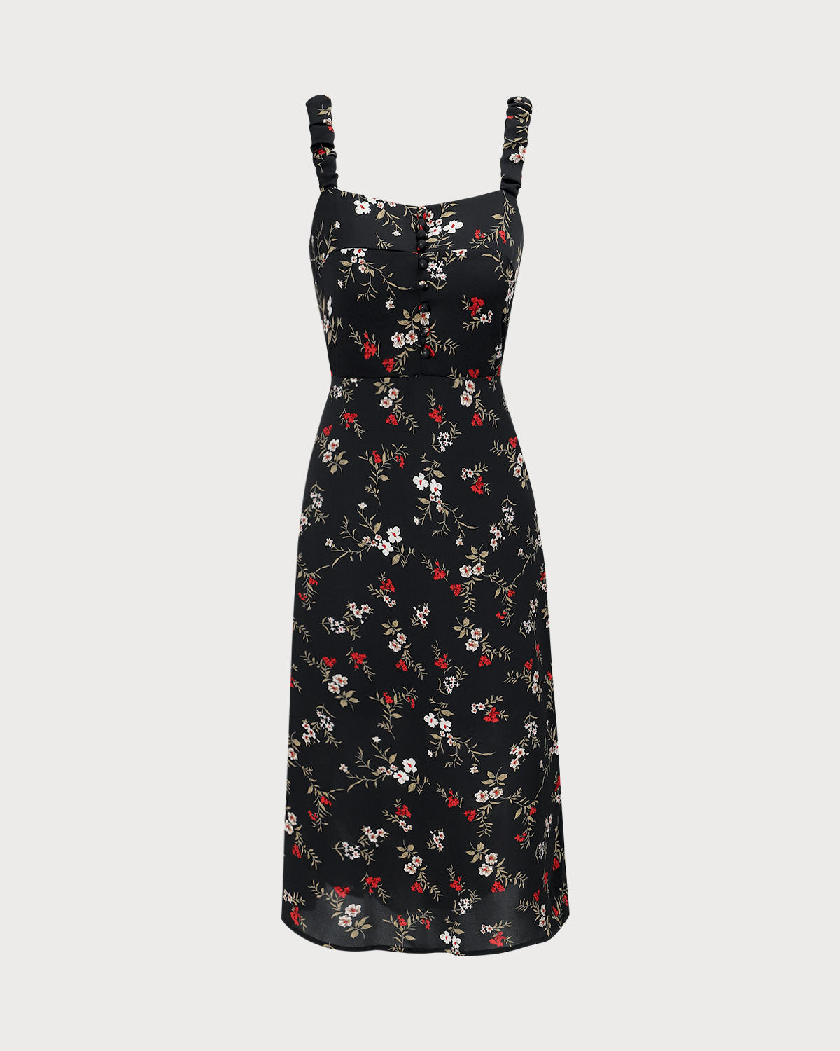 The Black Elasticized Straps Floral Midi Dress