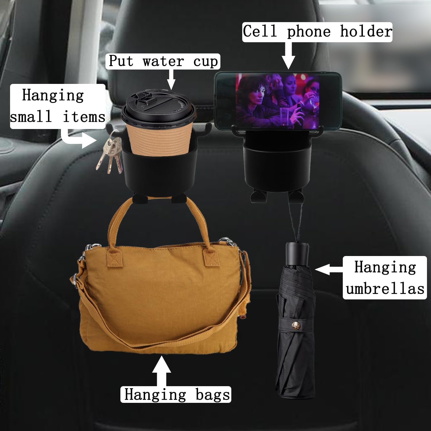 Car Headrest Backseat Organizer. 3 in 1 Automotive Cell Phone Drink cupholder Adapter with Headrest Hooks for Kids and Adults. Multifunctional Storage for Car Travel Accessories