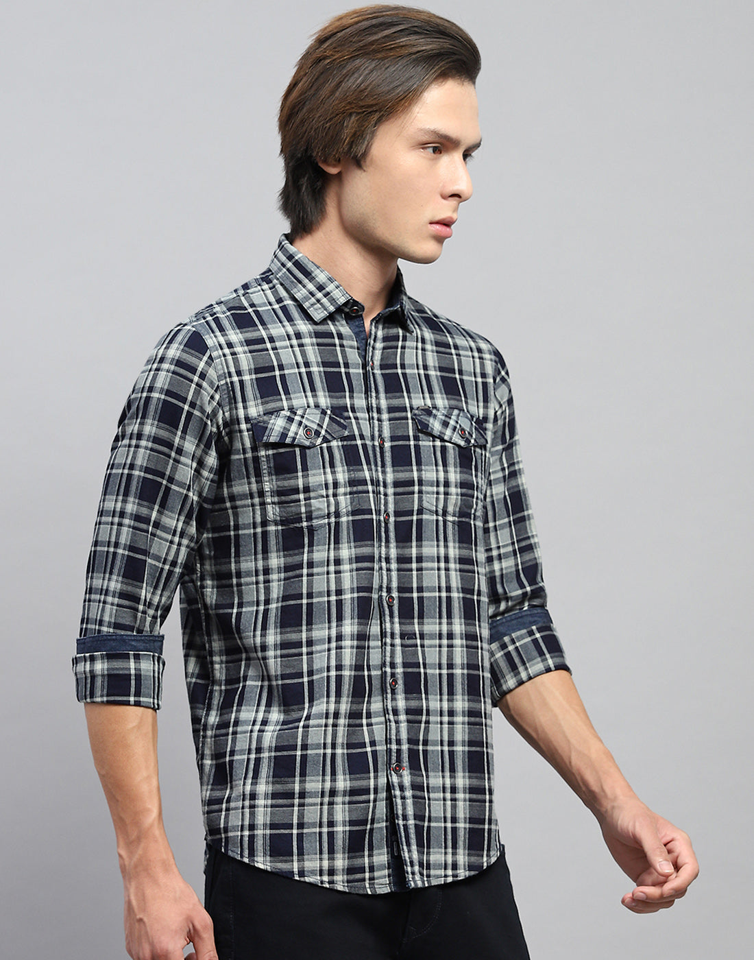 Men Navy Blue Check Collar Full Sleeve Shirt