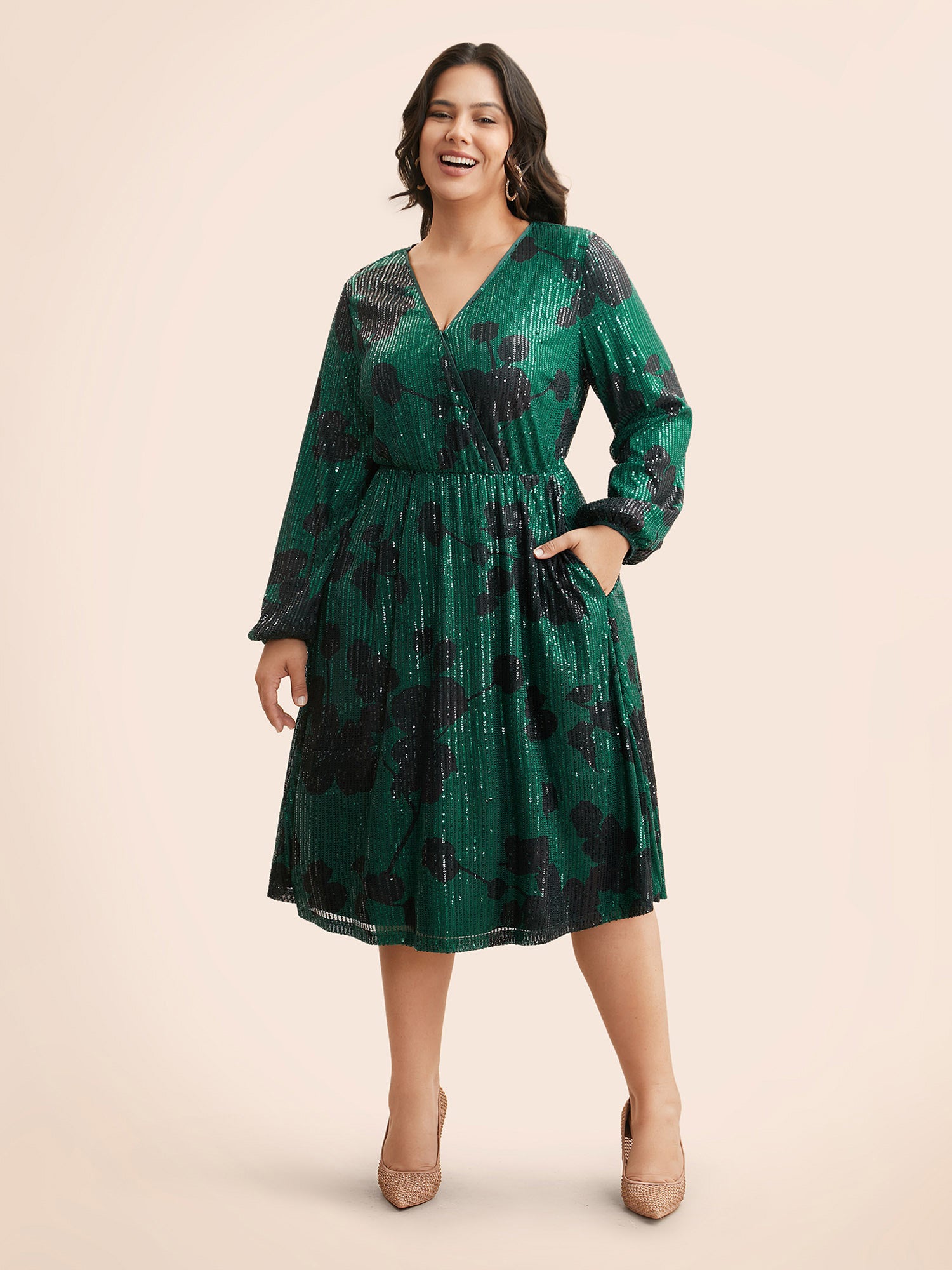 Sequin Floral Lantern Sleeve Midi Dress