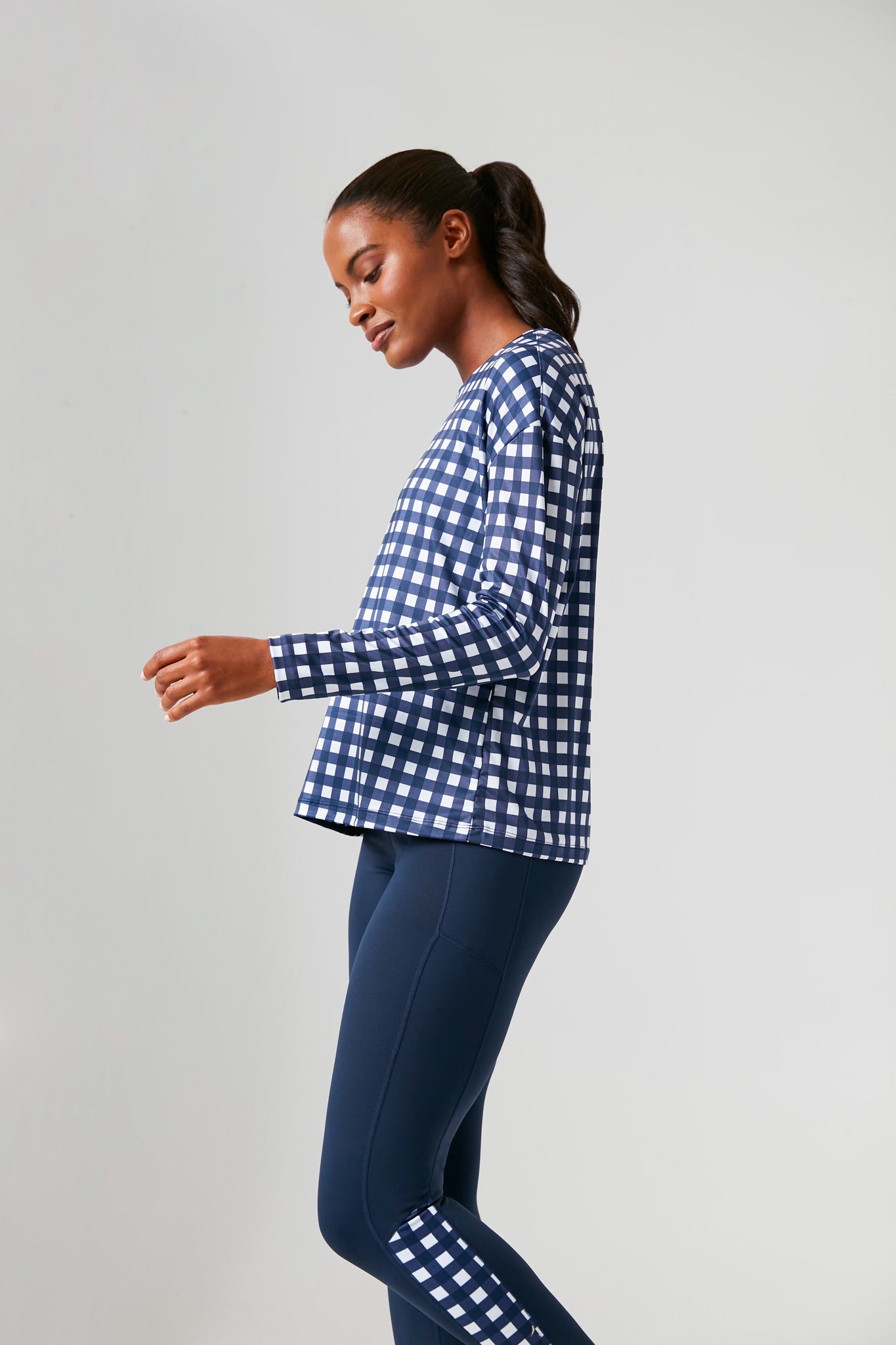 Navy Trellis Gingham Long Sleeve Ryan Boyfriend Tee
