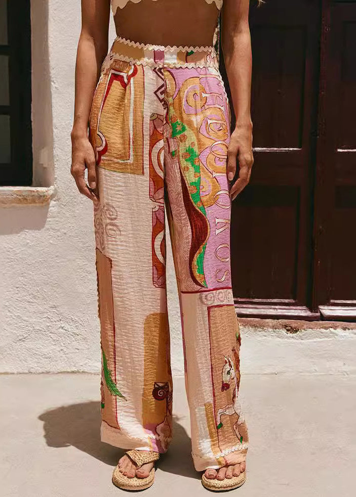 Natural Peter Pan Collar Print Shirts And Wide Leg Pants Two Pieces Set Short Sleeve