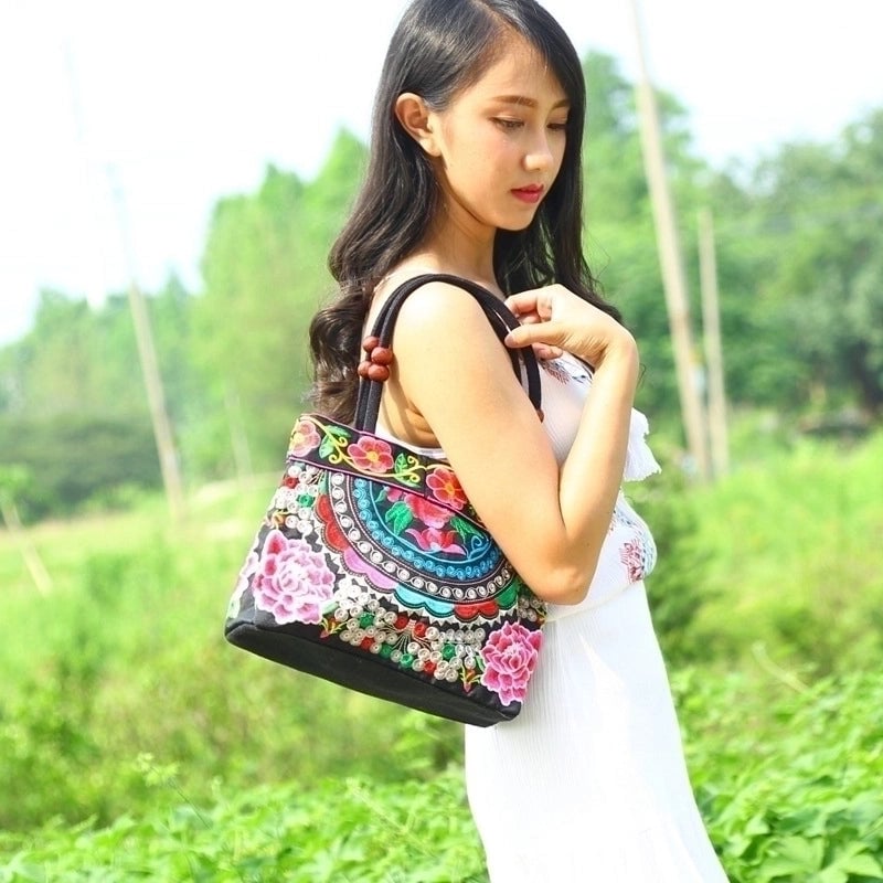 Women's Small Cotton Flower Classic Style Square Zipper Shoulder Bag
