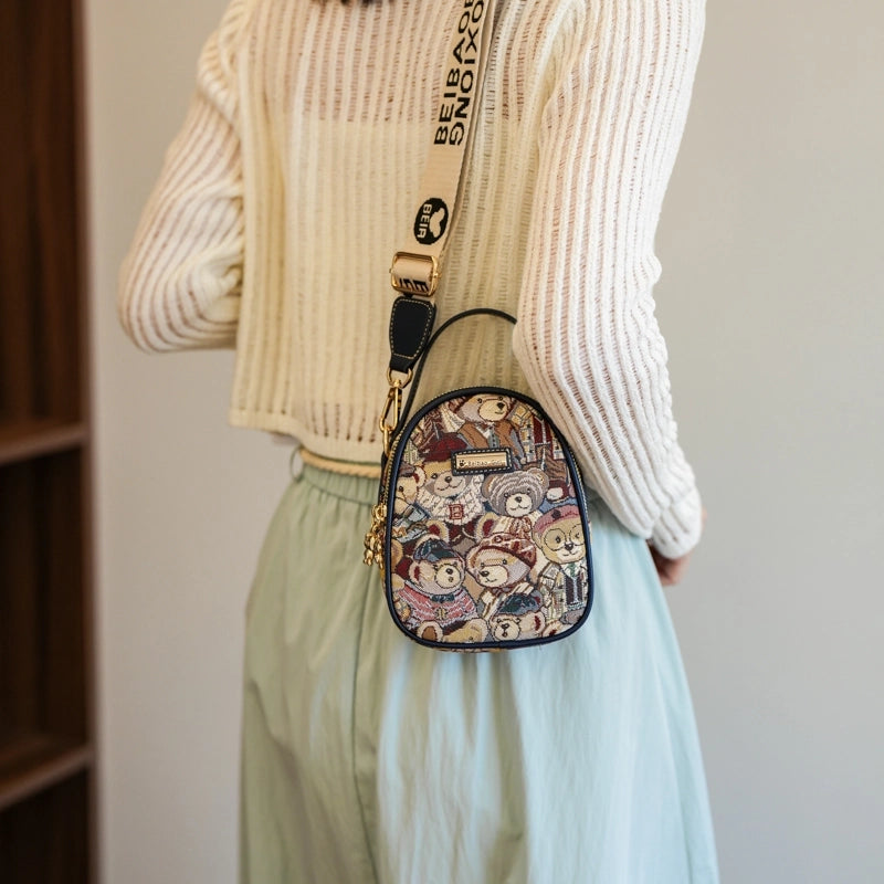 Women's Medium Cloth Little Bear Cute Classic Style Sewing Thread Oval Zipper Crossbody Bag
